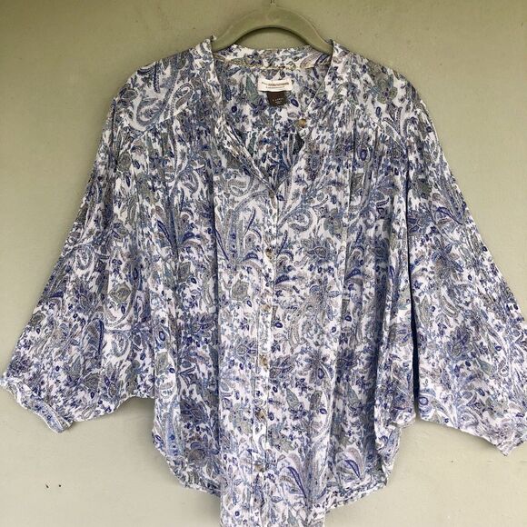 Anthropologie Pilcro Sidney Batwing Blouse XL Blue Paisley Peasant Boho Flowy - Picture 3 of 15